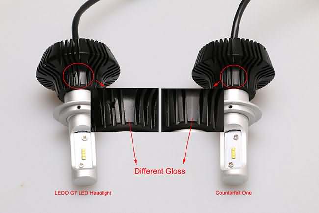 Base finish comparison between genuine and counterfeit G7 LED headlights.
