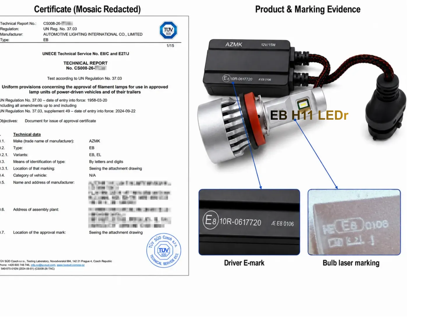Redacted UN R37 H11 LEDr approval document matched to the EB bulb marking