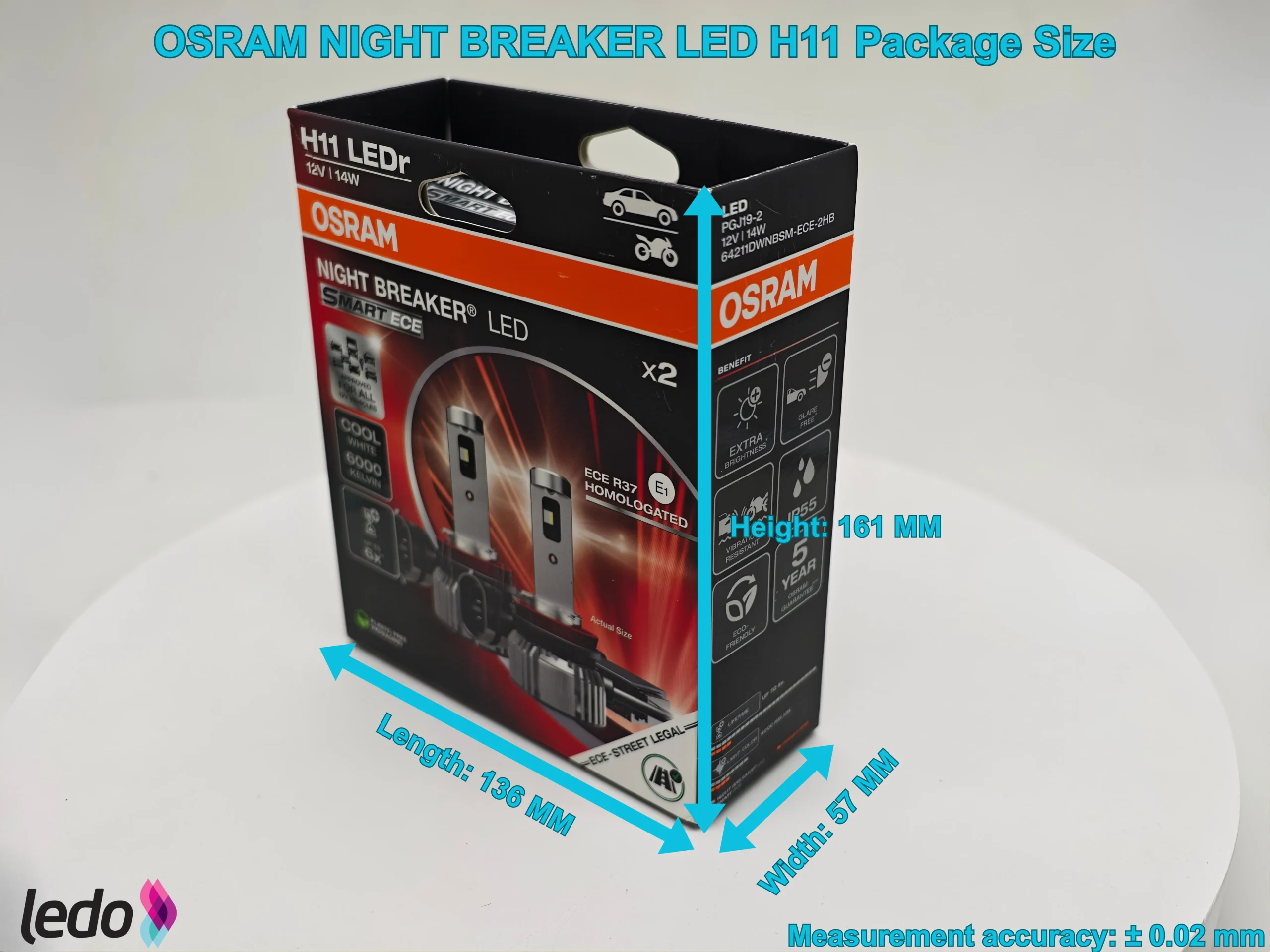 OSRAM Night Breaker LED Smart ECE H11 package dimension measurement